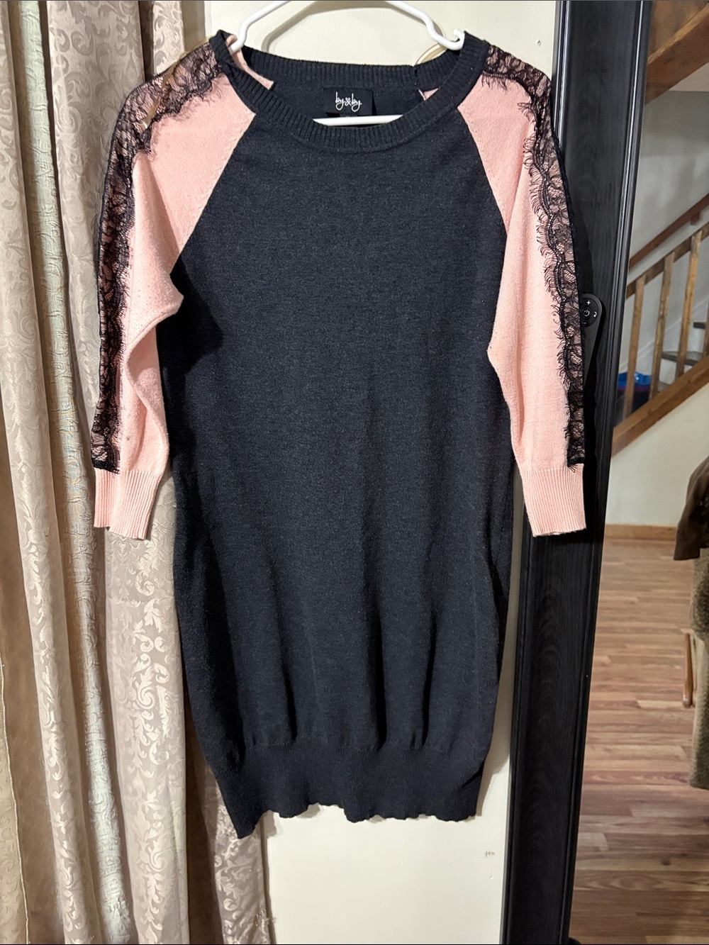 by & by Black Midi Dress with Pink Raglan Sleeves and Lace Trim